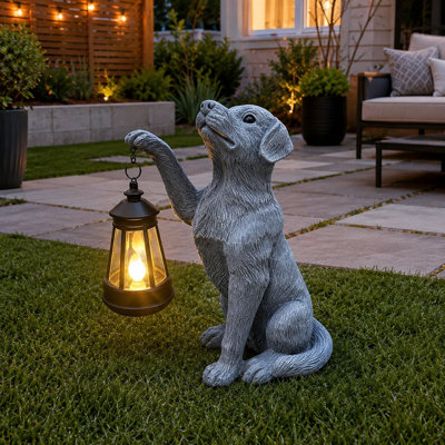 Solar Dog Garden Statue with Lantern, Resin Outdoor Decor for Yard Art, Lawn, Porch, Patio, or Balcony, Perfect Birthday Gift for Grandma, Mom, or Women