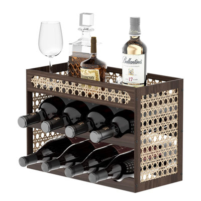 Wine Rack, Boho Pine Wood And Rattan Weave Stand With Wave Design For Kitchen And Cellar, (Walnut)