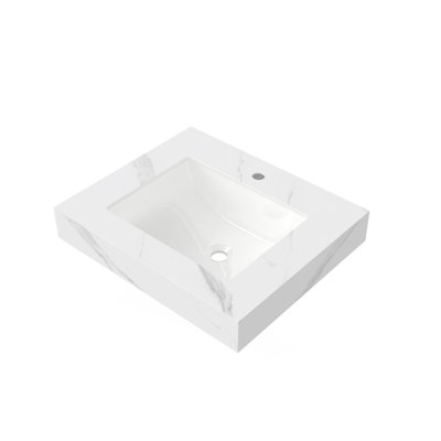 24" Carrara White Sintered Stone Countertop and Undermount Ceramic Basin with One Standard Pre-drilled Faucet Hole, NO Cabinet, NO Faucet and Sink Cover