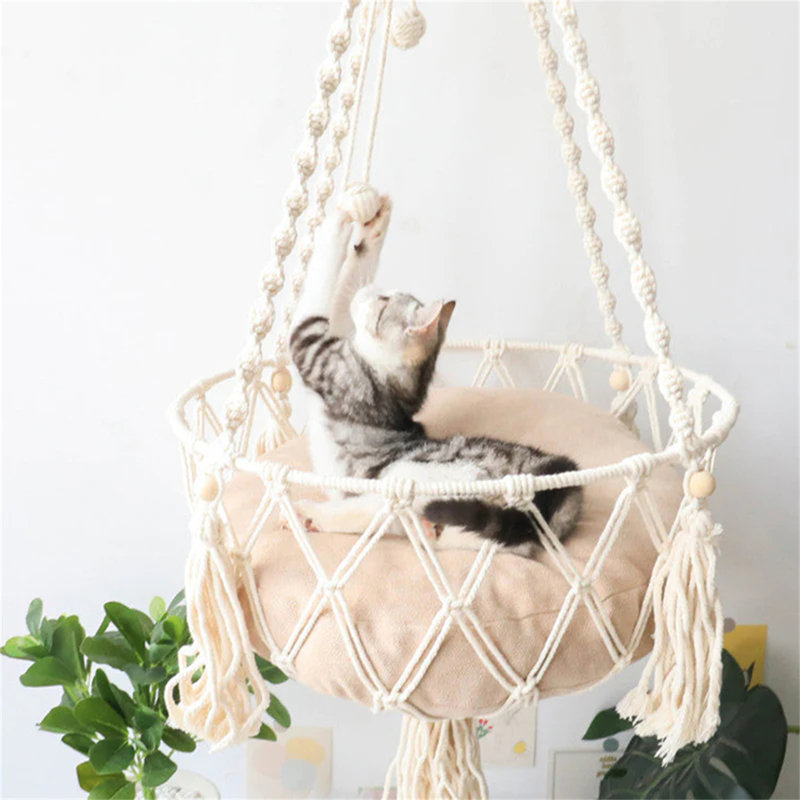 Emellie Bohemian Style Cat Hammock & Bed, Cat Swing with Hanging for Sleeping, Indoor/Outdoor Home Décor
