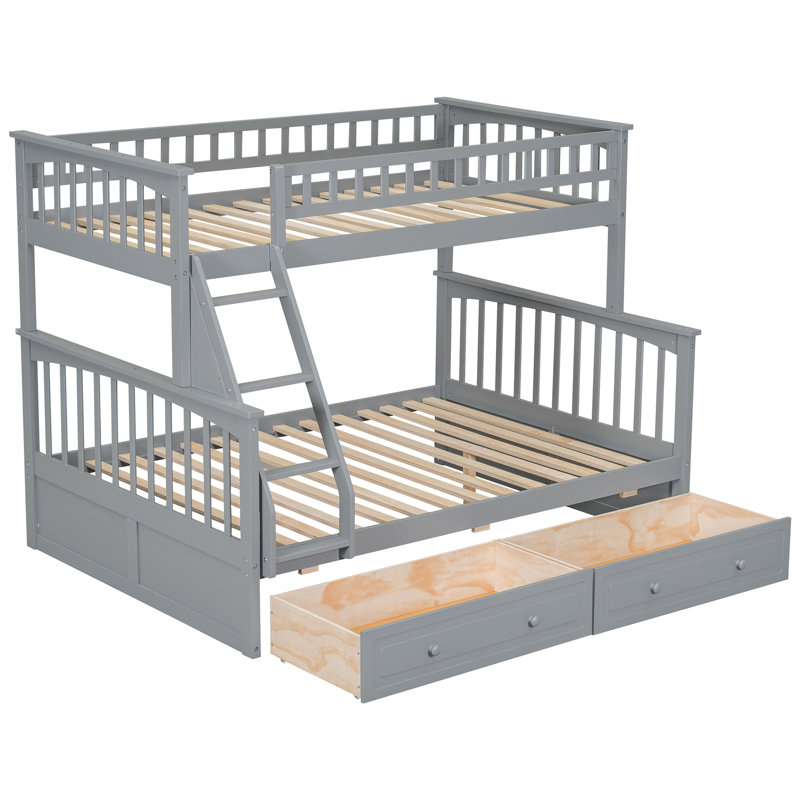 Lit simple gris convertible au-dessus d'un lit double avec tiroirs, configuration superposée, bois de pin et structure stable, garde-corps pour un sommeil sécuritaire, structure facile à installer, travail
