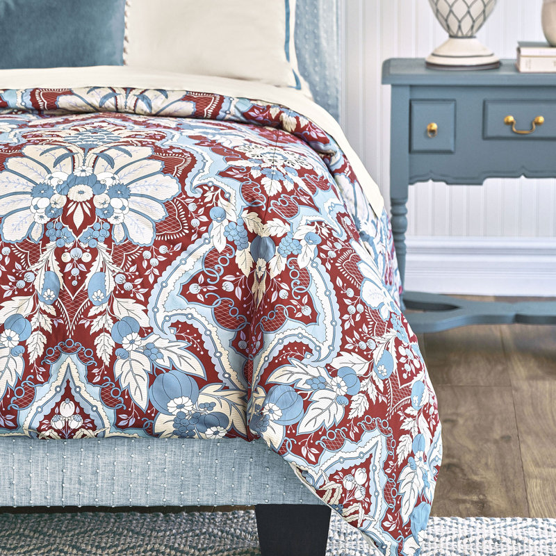 Giorgina Damask Comforter, Blue/Red Damask, California King Duvet Cover