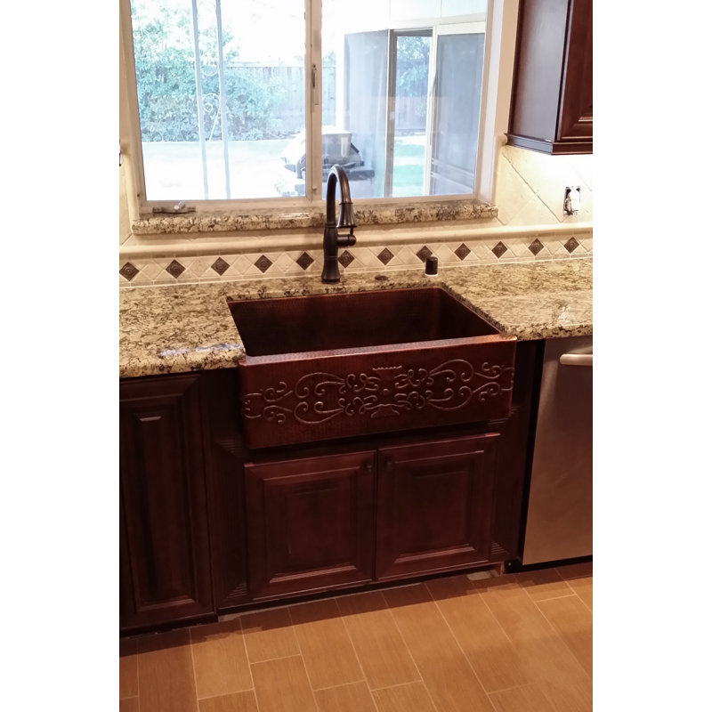 33" Hammered Copper Apron Front Single Basin Kitchen Sink w/ Scroll Design