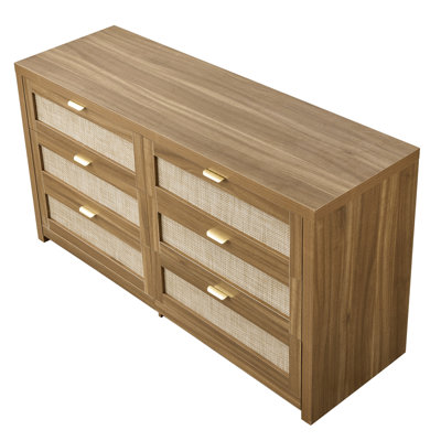 Commode 6 tiroirs en rotin, commode double pour chambre à coucher, commode en rotin naturel avec poignée en métal, coffre à vêtements en bois moderne et rangement pour chambre à coucher, salon, couloir, noyer