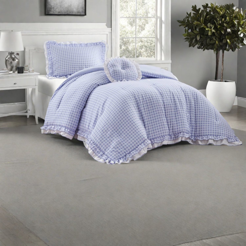 Soft Microfiber Twin Bedding Sets, Blue Gingham Ruffle For Home Dorm