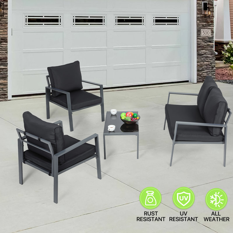 Steel Frame Patio Furniture Set with 2 Chairs 1 Loveseat & Tempered Glass Coffee Table - 4-Piece Outdoor Conversation Set with Teslin Cloth Cushions for Backyard Garden or Patio
