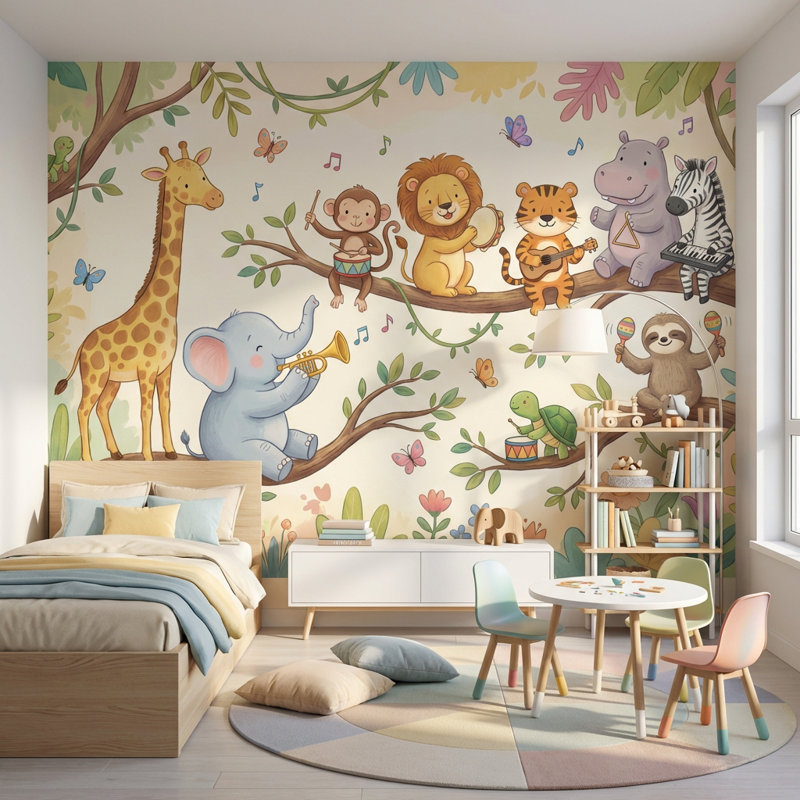 Papier peint animaux, musique, dessin animé, 120"x96", Peler et coller
