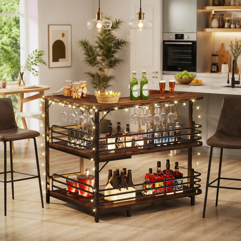 L-Shaped Bar Table with Wine Glasses Holder