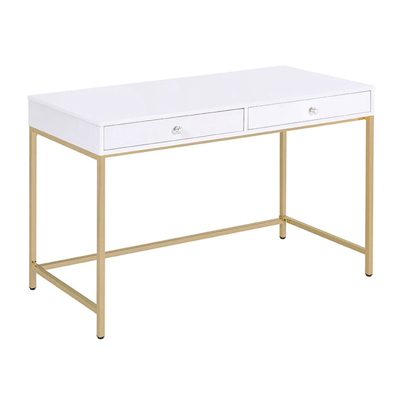Bureau d'écriture 2 tiroirs blanc ultrabrillant et doré
