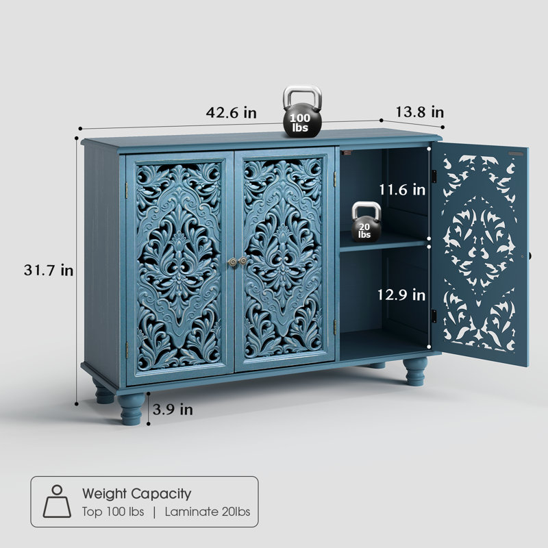 Accent Cabinet With 3 Doors, Storage Cabinet With Solid Wood Legs And Adjustable Shelves, Sideboard Buffet For Living Room, Entryway, Dining Room, Bedroom