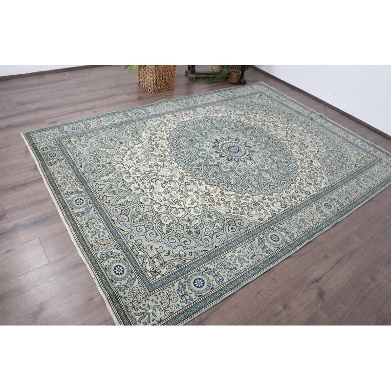 Tapis persan bleu en laine patchwork de 77,6 x 109,4 pouces