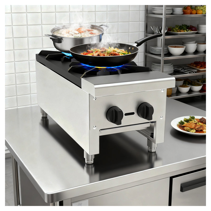 Commercial Gas Stove with 2 Burners, 56000 BTU Propane/Natural Gas Countertop Range - Stainless Steel Commercial Cooking Equipment for Restaurant Kitchens