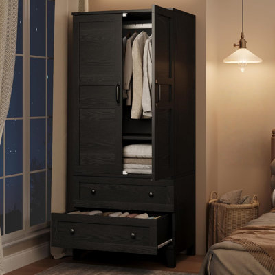 Armoire Wardrobe Closet with 2 Drawers,72 in Wooden Wardrobe Cabinet with Hanging Rod, Tall Clothing Armoire Cabinet with Doors and 18 Adjustable Shelves for Bedroom, Clothes