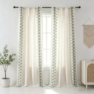 Vintage Boho Patterned Linen Curtains, Olive Green Embroidered 2 Panel Set, Light Filtering Drapes with Back Tab & Rod Pocket