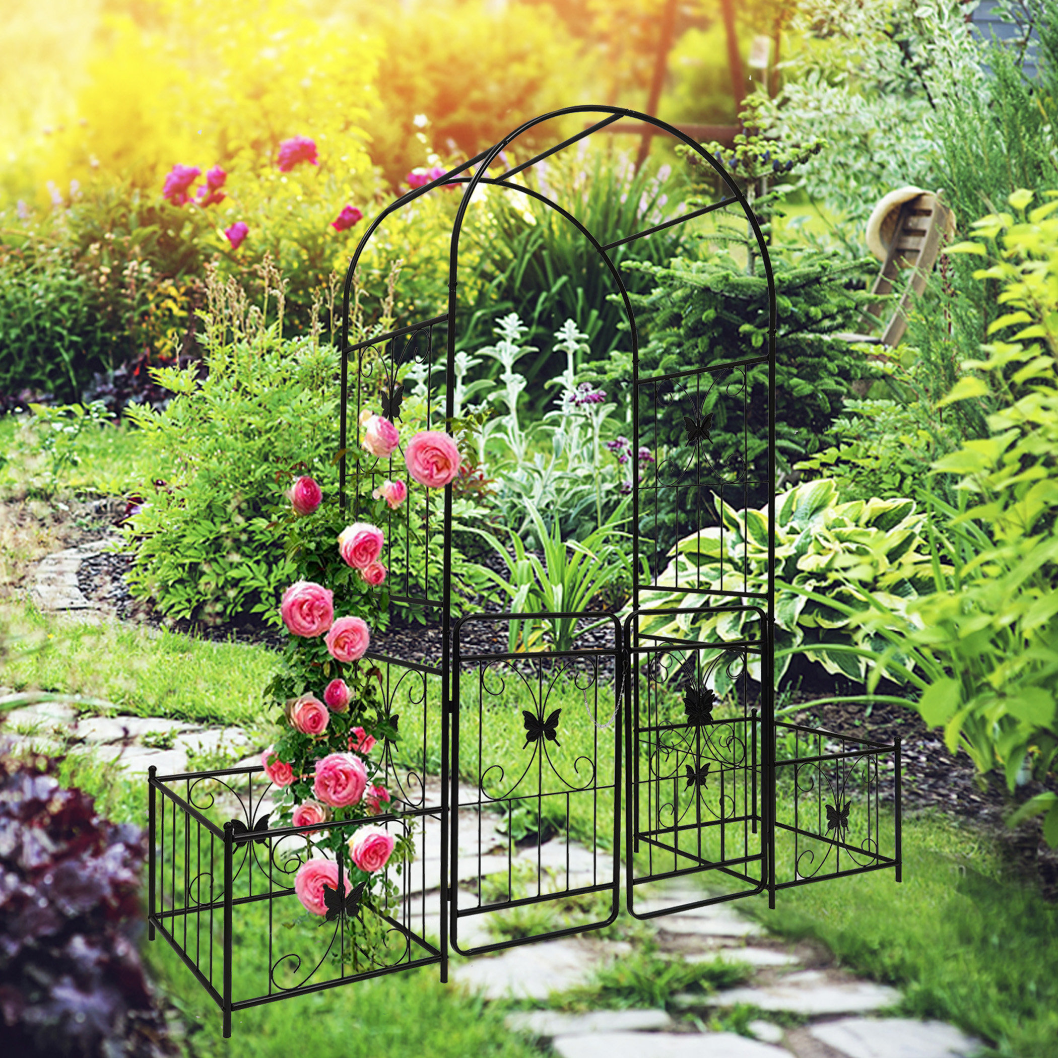 Jiafan Metal Garden Arch With Gate 79.5'' Wide X 86.6'' High Climbing ...