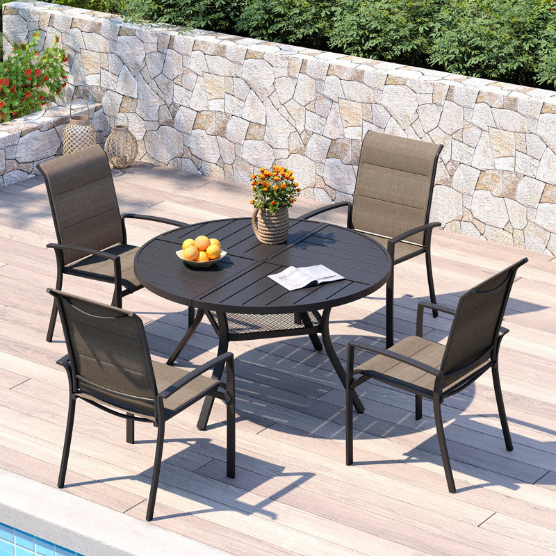 4-Person Patio Dining with Round Metal Dining Table and 4 Padded PVC-coated polyester Chairs, Black/Gray