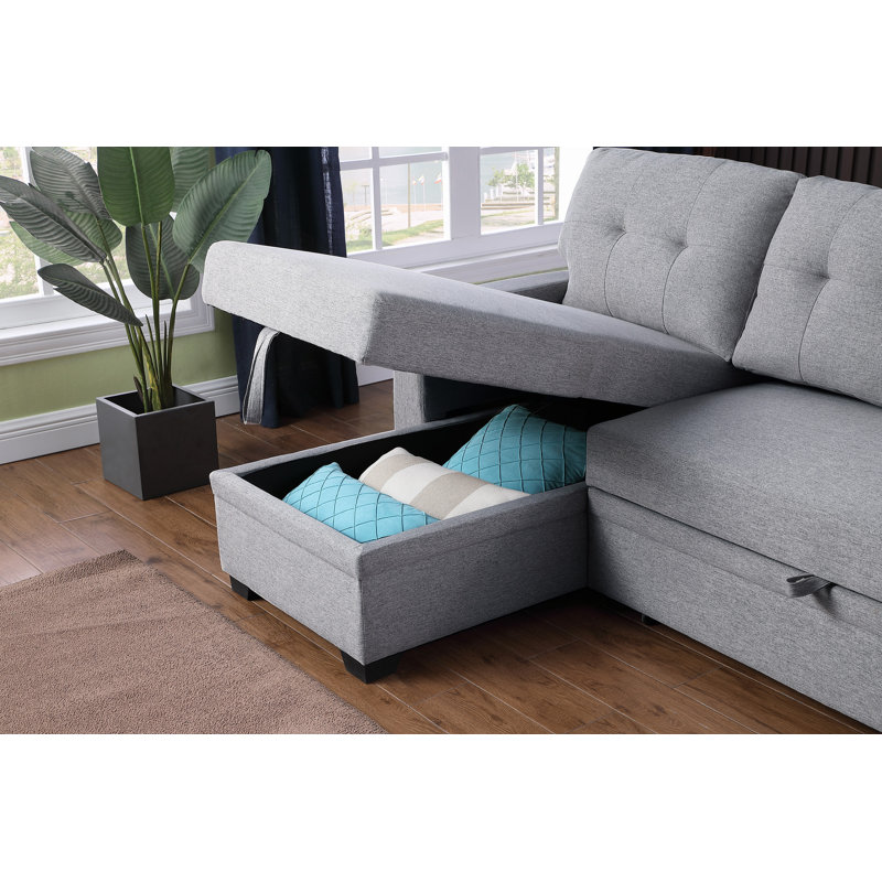 Upholstered Pull Out Sectional Sofa With Chaise, Light Gray Linen