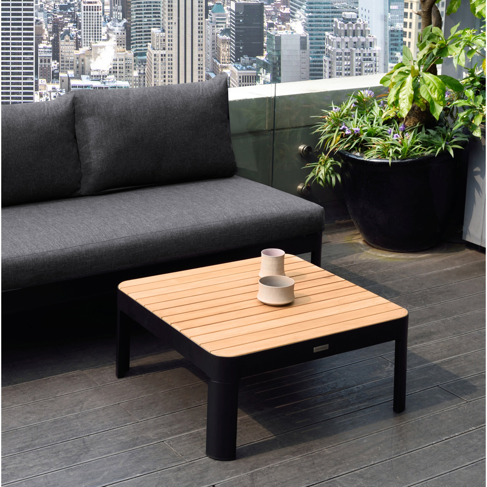 Brix Teak Patio Coffee Table, Oak, 28.2" W x 28.2" L x 12.8" H, Black 2