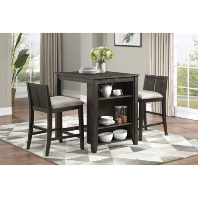 Ensemble de 3 tables à hauteur de comptoir de style transitionnel avec finition cerisier foncé, ports USB et 2 chaises de hauteur comptoir rembourrées en tissu