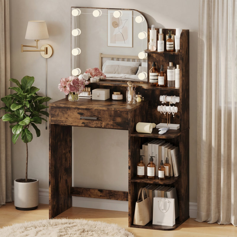 Meuble-lavabo 32 po avec miroir et 3 lumières DEL de couleur, coiffeuse avec 5 grandes tablettes de rangement et grand tiroir