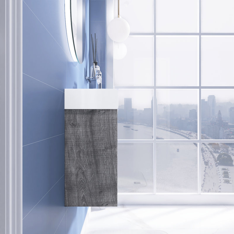 Meuble-lavabo flottant 18 po avec lavabo en résine à carreaux gris, Chêne gris carreauté