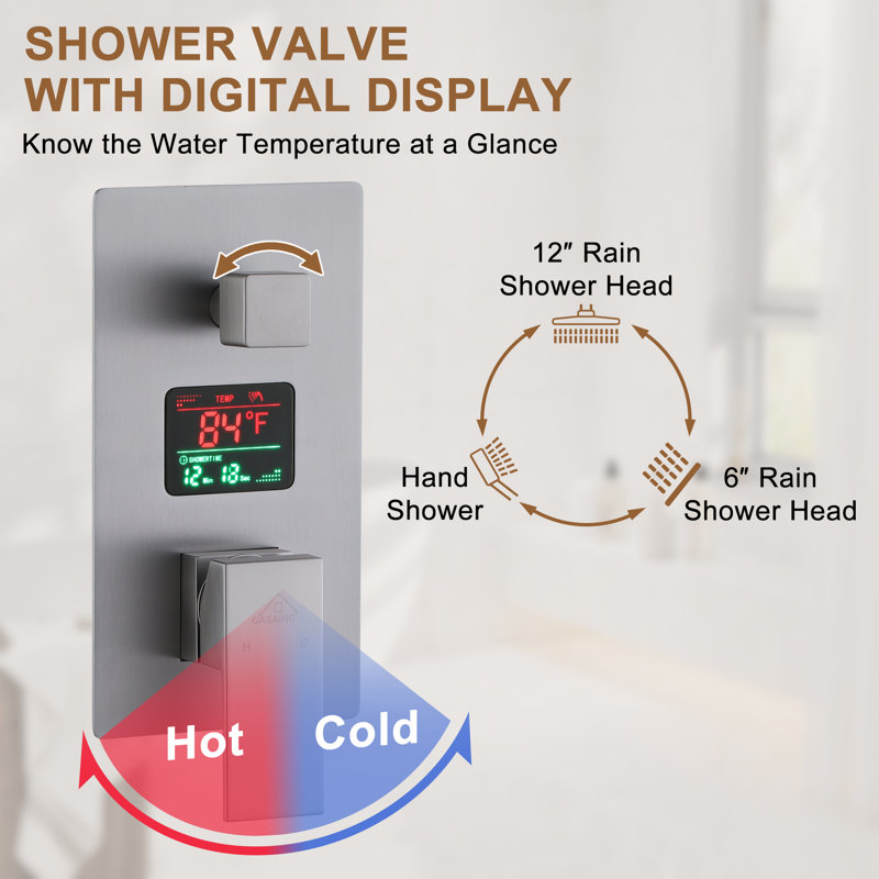 Brushed Nickel Rainfall Dual Shower Head System with Digital Display