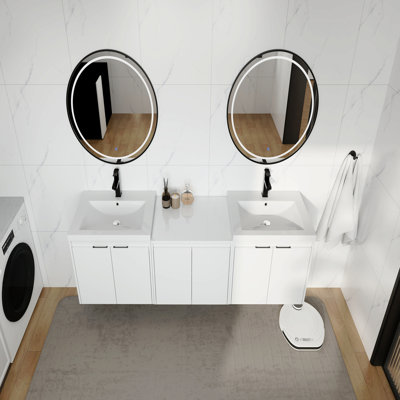 Meuble-lavabo 72 po avec lavabo en résine, portes à fermeture en douceur et 1 armoire latérale, conception à fixation flottante, blanc brillant, contreplaqué (Kd-Packing) - 24 po x 2 + 24 po