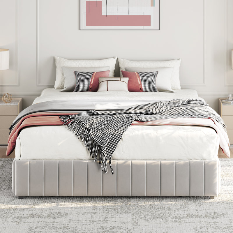 Lit plateforme tapissier avec rangement Argjirulla, Complète, Beige