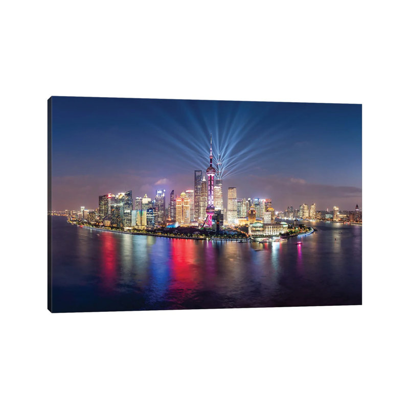 Pudong Skyline Lightshow, Shanghai, China by Jan Becke - Wrapped Canvas Print, 101.6 cm H x 66.04 cm W