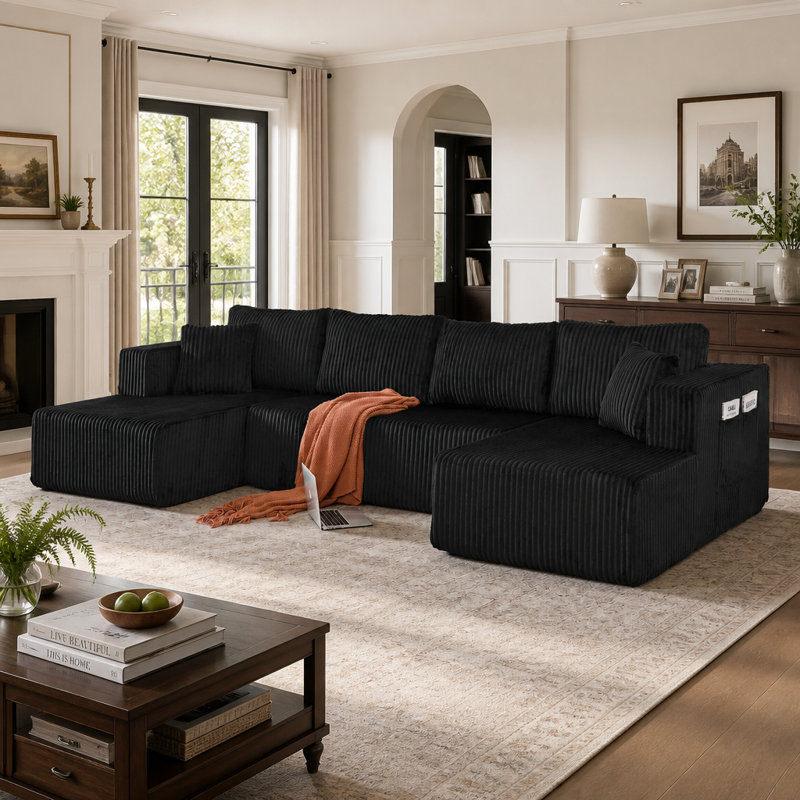 Canapé modulaire en forme de U de 132 po, canapé-lit Comfy Cloud, Black Corduroy