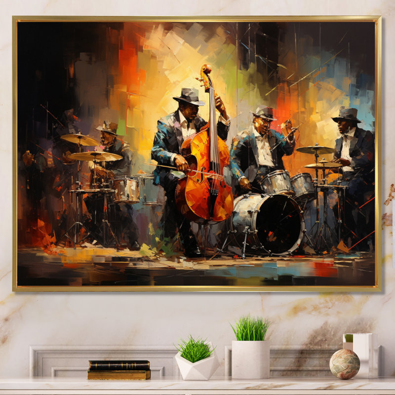 Beira jaune orange Jazz Band - art mural de danse pour le salon, H 30 po x l 40 po, Reproduction avec cadre flottant, Doré