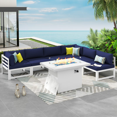 Tuyen 7-Piece Aluminum Outdoor Patio Furniture Set with Fire Pit Table and Cushions, Modular Outdoor Conversation Set
