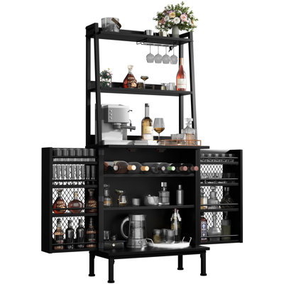 58" Tall Bar Cabinet With Power Outlets, Wine Liquor Cabinet With Glass Holder, Coffee Bar Station & Microwave Stand, Bakers Rack Storage Cabinet For Living Room, White