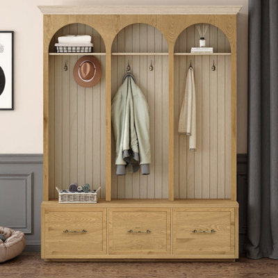 Farmhouse Wooden Style Hall Tree with Arched Design | Entryway Bench with 8 Retro Hooks & 3 Drawers | Rustic Coat Rack & Shoe Organizer for Mudroom, Living Room, or Hallway | Oak Natural Finish