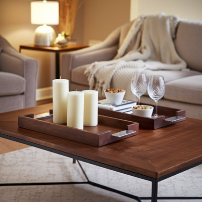 Wood & Aluminum Serving Trays With Brass Handles - Decorative Nesting Trays For Home, Office, Bedroom & Living Room - Set Of 2 - 2" Brown