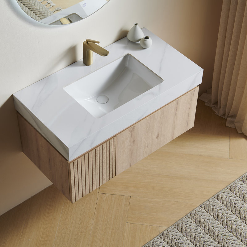 Meuble-lavabo simple en contreplaqué et en bois massif, Chêne blanc, 36", Blanc de Carrare