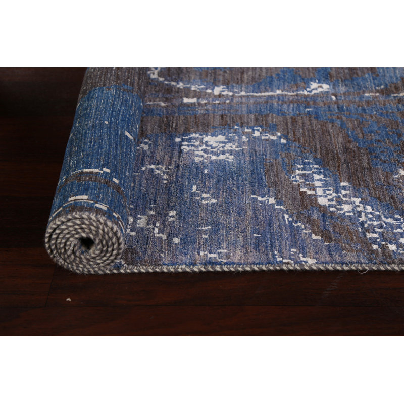 Tapis de couloir gris / bleu noué à la main de conception unique 3 pi x 12 pi 3 po New Age