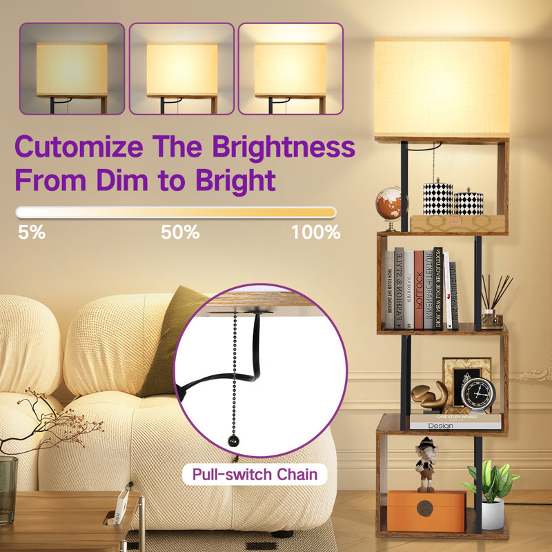 Codrina 59" Bookcases with LED Light and Remote Control, 3 Colour Temperature Column Floor Lamp, Rustic Brown/Black