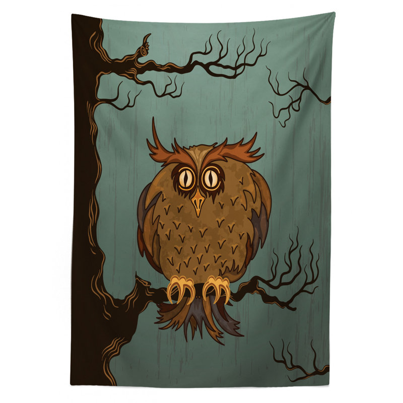 Ambesonne Owl Tablecloth, Exhausted Hangover Tired Owl In Oak Tree With Eyebrows Nature Cartoon Funny Artwork, Rectangular Table Cover For Dining Room Kitchen Decor, 60" X 84", Blue Brown
