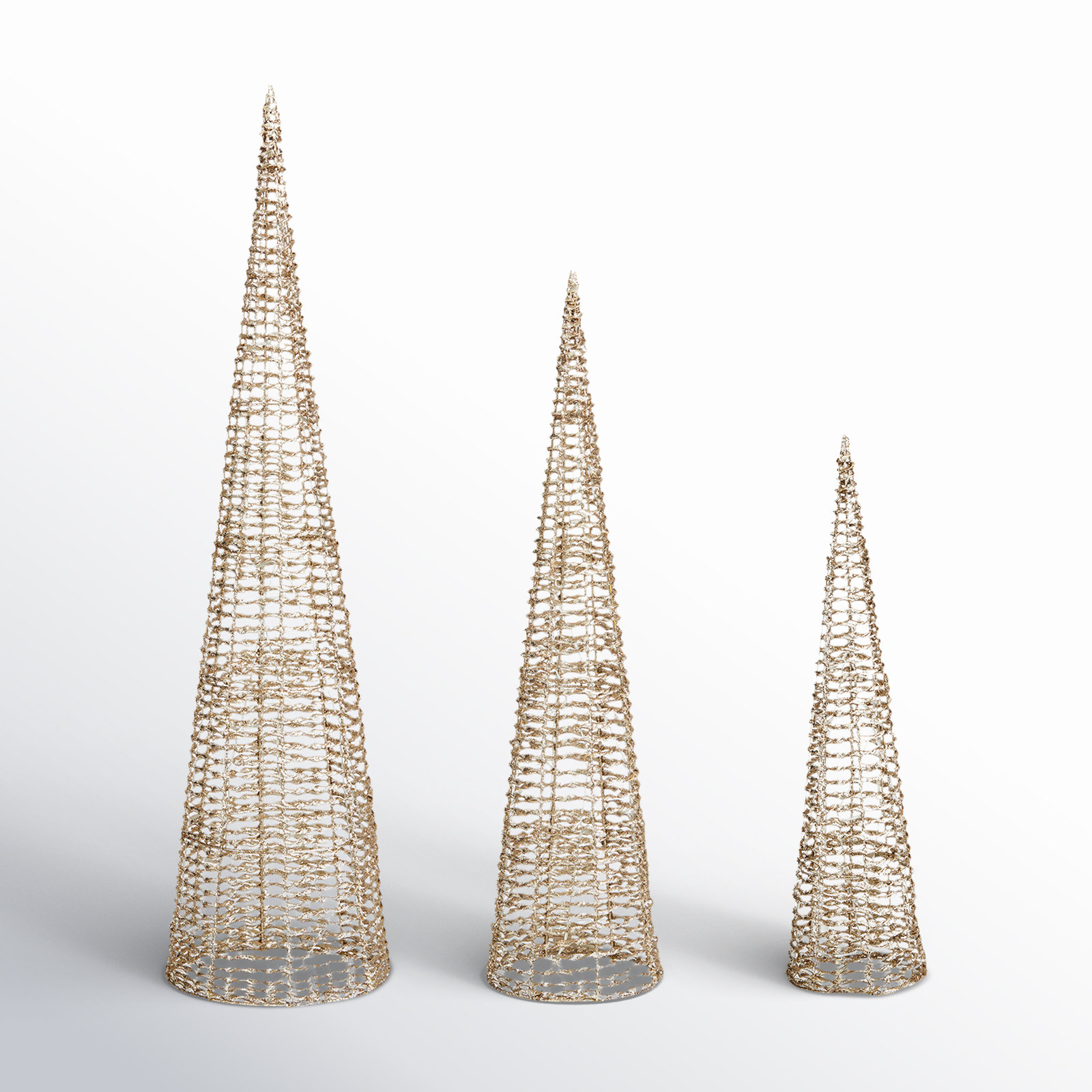 3-Piece Lighted Champagne Gold Cone Tree Set