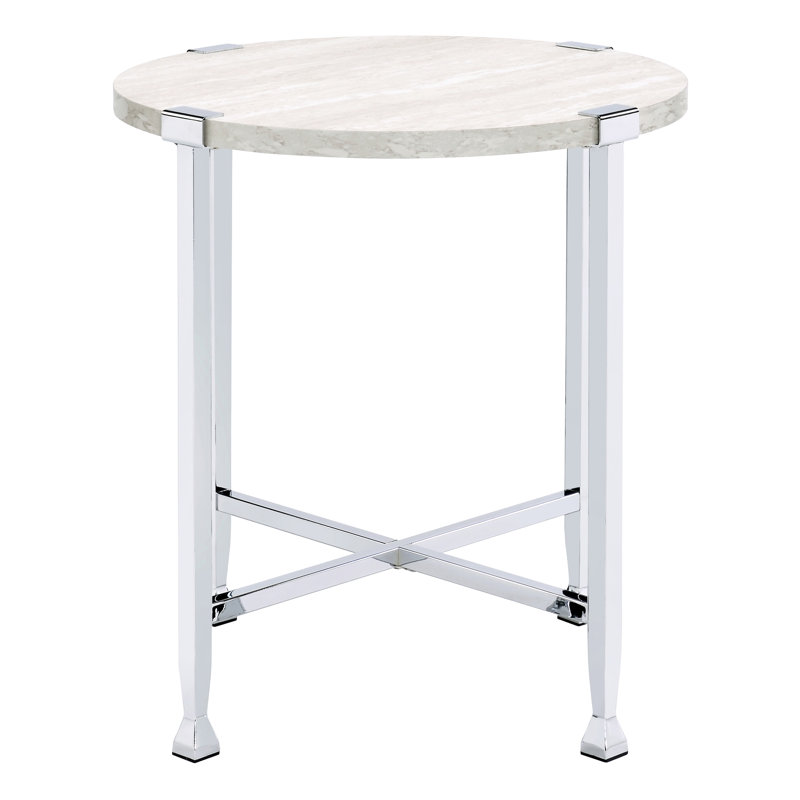 Élégante table de bout blanche et argentée avec structure ronde en bois et en chêne