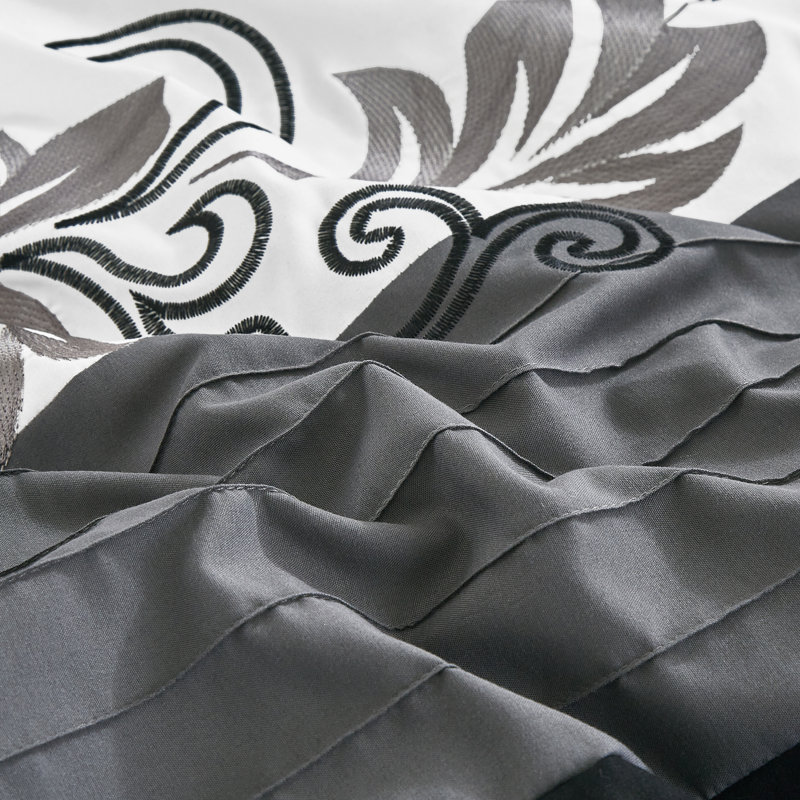 Floral Embroidered Microfiber 7 Piece Comforter Set, Full Comforter + 6 Additional Pieces, Black/Gray/Light Gray
