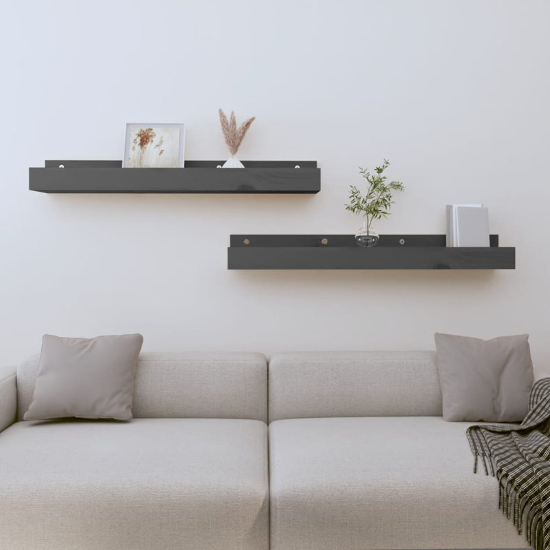 Kursty 2 Piece Pine Solid Wood Bracket Shelf, Grey, 9cm H x 80cm W x 12cm D
