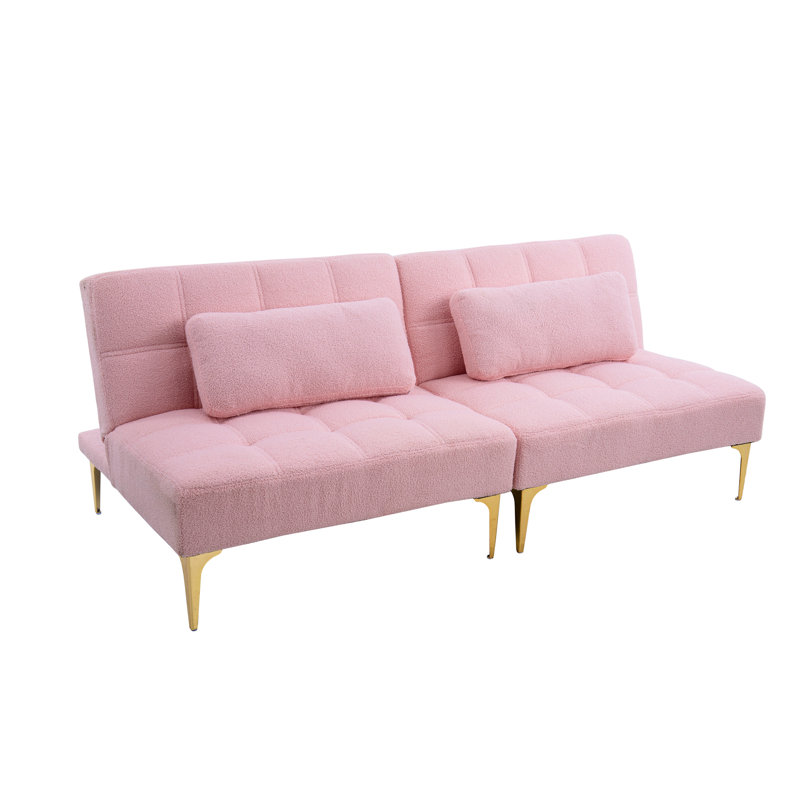 71" Convertible  Sofa Bed Futon With Gold Metal Legs Teddy Fabric, Pink Teddy