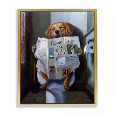 "Chien lisant un journal sur une toilette", art mural encadré flottant par Lucia Heffernan