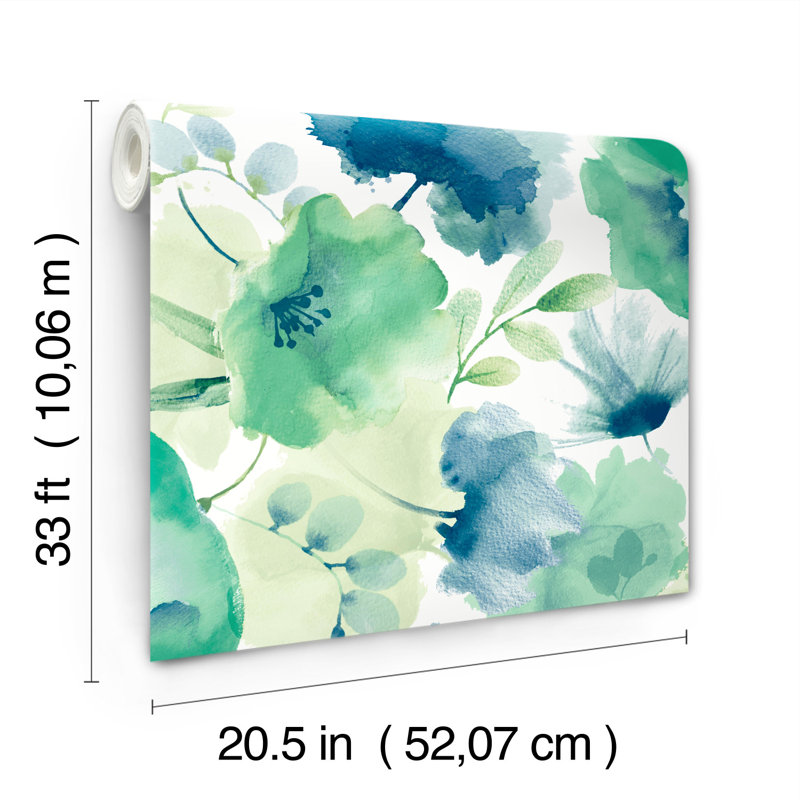Rouleau de papier peint L 33 pi x l 20,5 po Watercolor Bouquet, Bleu et vert