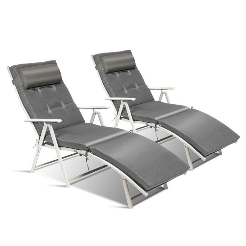 Adjustable Outdoor Lightweight Folding Chaise Lounge Chair With Pillow, Gray, White