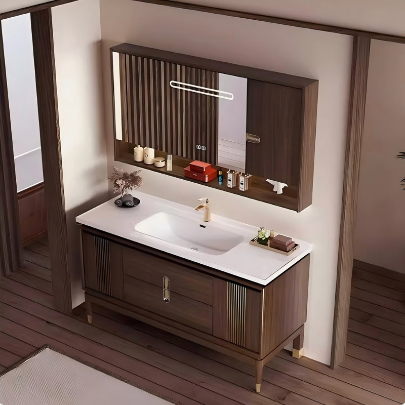 Meuble-lavabo autoportant en bois d'hévéa brun et blanc 44,09 po avec miroir, 44"