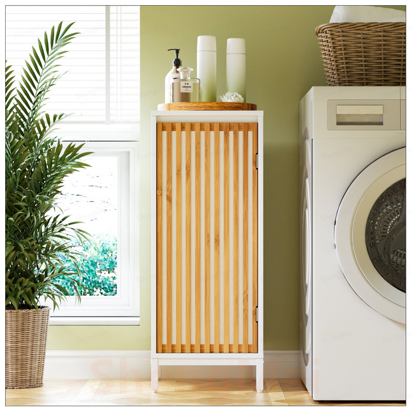 Armoire de salon avec porte à lattes en bambou, rangement polyvalent pour les essentiels de la salle de bain et de la maison, design élégant et durable
