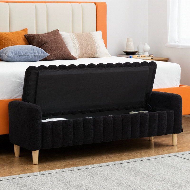 Banc de rangement capitonné avec accoudoirs 63,4 "Wave Channel - Repose-pieds rembourré Teddy, Bleu